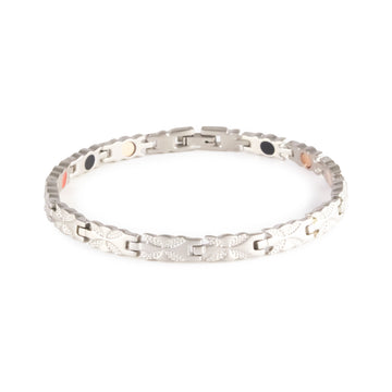 Flight negative ion bracelet with matte stainless steel links, front clasped view.